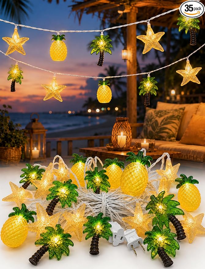 19Ft Hawaiian Beach String Lights Outdoor with 35 LED Starfish, Pineapple & Palm Tree Lights, Plug-in Tropical Party Decoration for Patio, Backyard, Garden, Window, Tiki Bar, Pool Party Decor