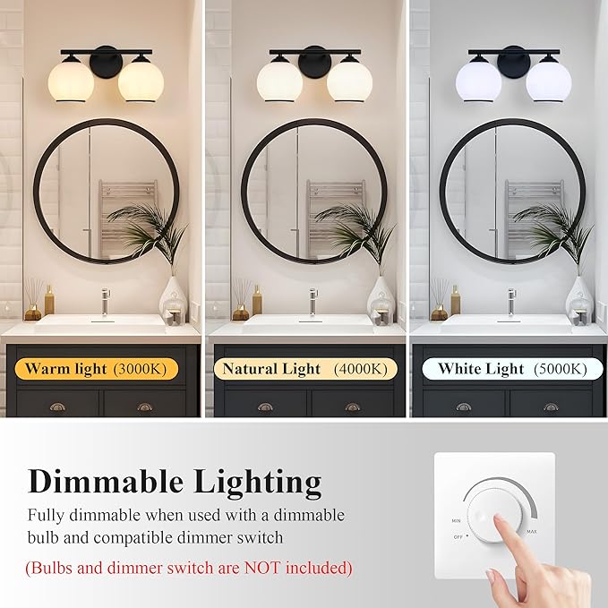Milk Glass Bathroom Vanity Light Over Mirror, 2 Light Matte Black Bathroom Light Fixtures with Frosted Globe Glass Shade, Modern Vanity Lighting Wall Mounted