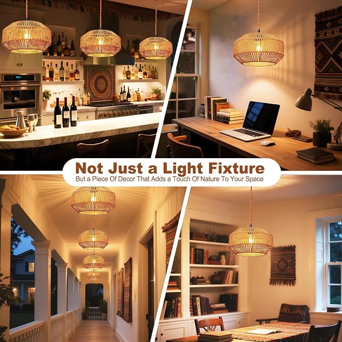Maliralt Hanging Lamps Rattan Pendant Light Hanging Lights 16.4ft Plug in Cord Pendant Light Fixture Plug Into Wall Outlet Pendant Lighting with On Off Switch for Bedroom Living (Pumpkin Shade)