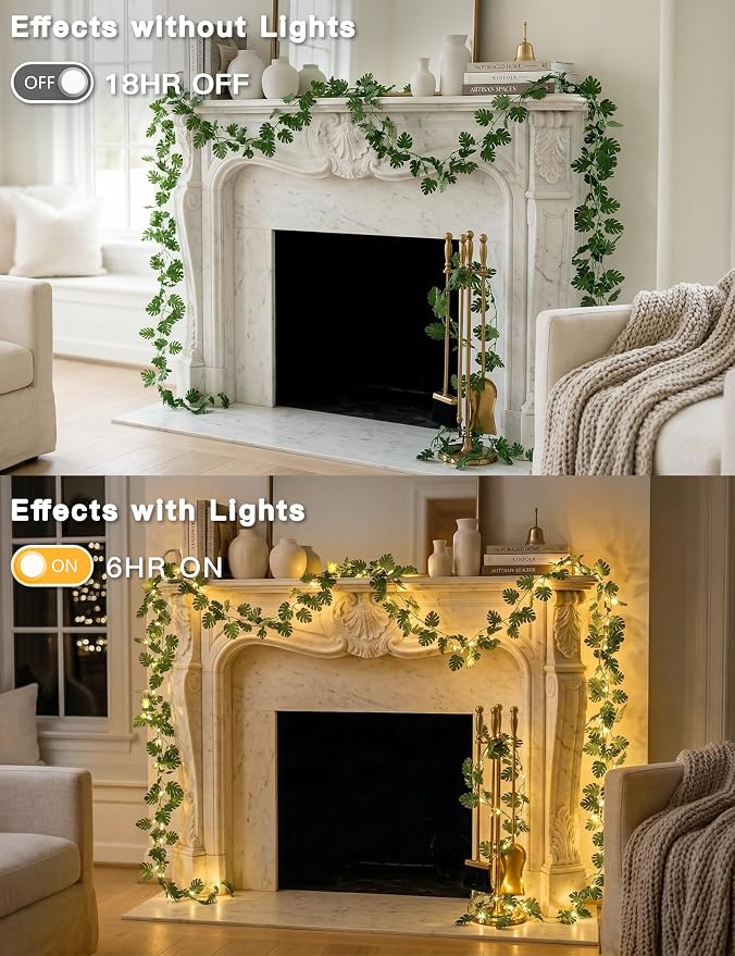 33FT Monstera Vines with Lights Battery & USB Powered Copper Wire | 100Led Leaves String Lights with Remote,Artificial Plants for Indoor, Bedroom,Wall,Party Tropical,Dorm Decor(Warm White)