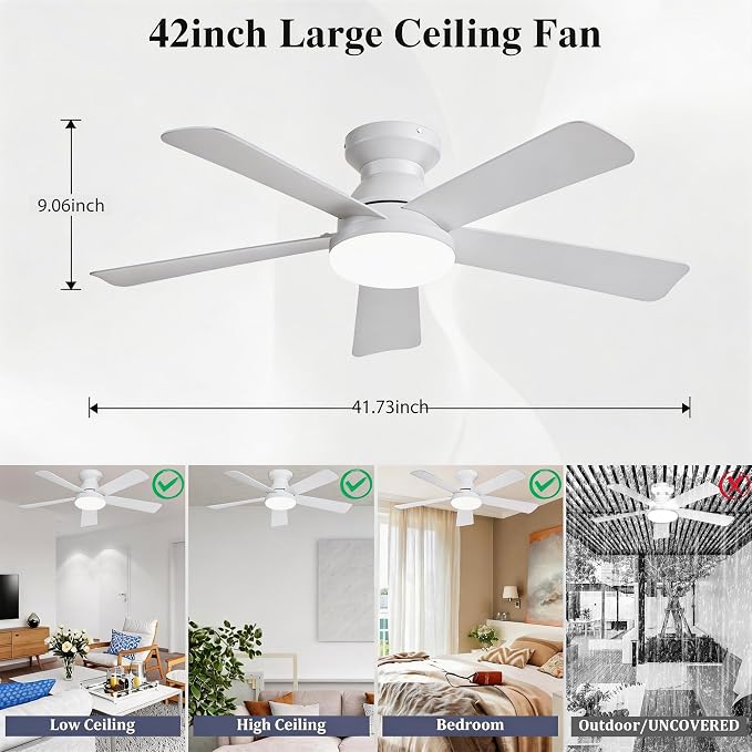 Smart Ceiling Fans with Lights Remote - 42'' WiFi Alexa Flush Mount Low Profile Modern Ceiling Fans for Bedroom - Stepless Color Temperature and 6 Speeds - White