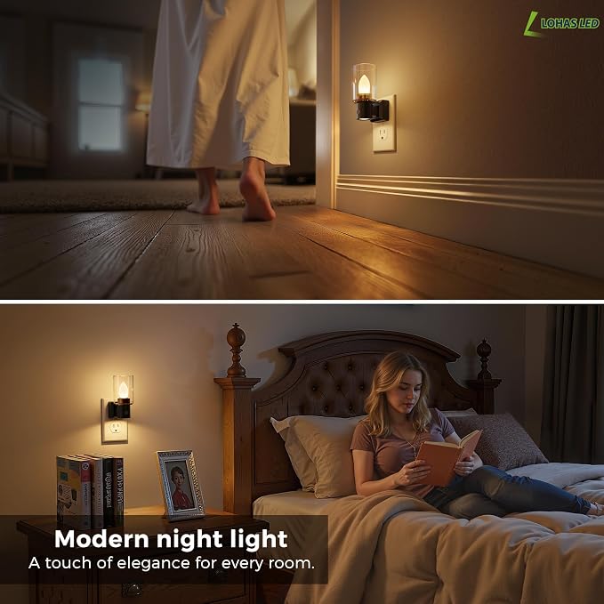 L LOHAS LED Candle Night Light, Flameless Candle Nightlight Plug in | 350°Rotating Dusk to Dawn Sensor Dimmable Night Light, Vintage Decorative Night Lights for Hallway Bathroom, 2 Pack