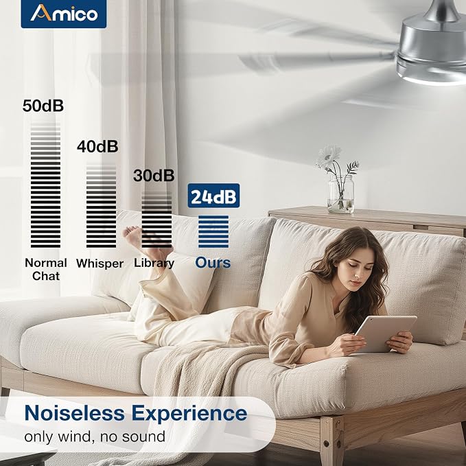 Amico 66 Inch Ceiling Fans with Lights and Remote, Nickel | 6 Speed Reversible DC Motor, 3CCT, Dimmable, Quiet, Timer, Large Modern Ceiling Fan for Living room, Indoor/Outdoor