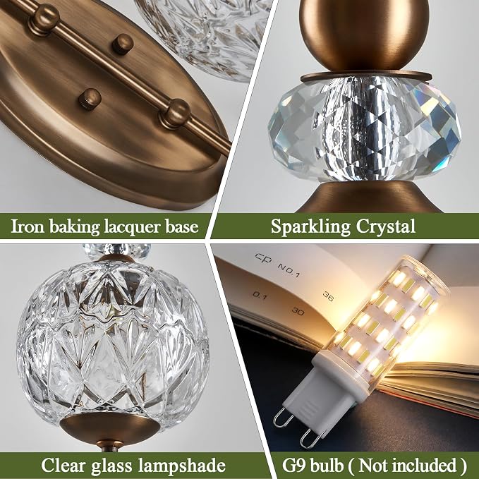 Piepooye Vintage Gold Wall Sconce with Glass Globe Shade Mid Century Brushed Brass G9 Bulb Vanity Light Indoor Wall Light for Bathroom Farmhouse Bedroom Living Room Hallway