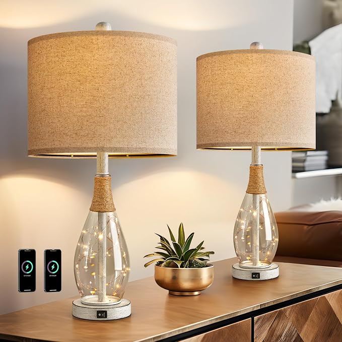 23" Table Lamps for Living Room Set of 2 Bedside Lamps for Night Stands Bedroom Lamps Farmhouse Rattan Boho Lamp Glass Nightlight End Table Lamp with USB C+A (White),Two Light Points