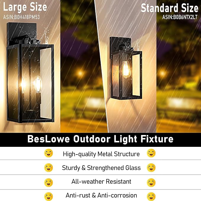 18” Large Outdoor Wall Light, 2-Light Exterior Porch Sconce, Black | Waterproof, Rust-Resistant, Durable Metal with Clear Glass, Standard E12 Socket, Easy to Install