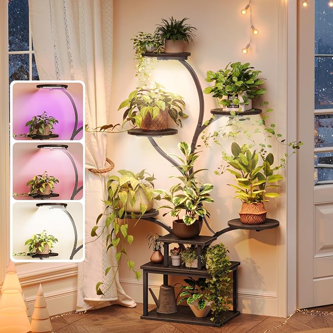 51 Inch Plant Stand with Grow Lights, 8 Tiered Indoor Plant Shelf | Plant Rack with Larger Flower Holder, Curved-tubed Design, 3 Light ModesCorner, for Living Room, Walnut