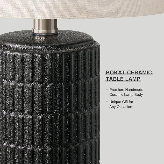PoKat 21'' Black Table Lamp with Gift Box, Small for Bedroom, Stone-Like | Farmhouse Bedside Lamp for Nightstands, Matte-Textured Ceramic Design, Ideal Gift, Modern Home Decor for Living Room Hallway