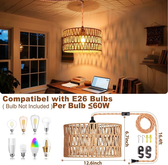 Maliralt Hanging Lamps Rattan Pendant Light Hanging Lights 16.4ft Plug in Cord Pendant Light Fixture Plug Into Wall Outlet Pendant Lighting with On Off Switch for Bedroom Living (Cylindrical Shade)