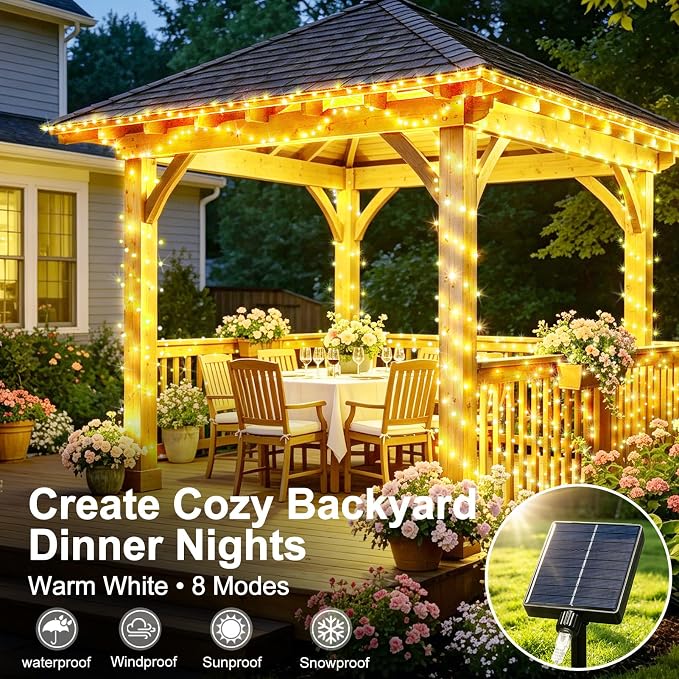 KNONEW 203FT 600 LED Solar String Lights Outdoor, Extra Long Solar Fairy Lights with 8 Modes, IP44 Waterproof Copper Wire Lights for Garden Patio Yard Christmas Decor, Warm White