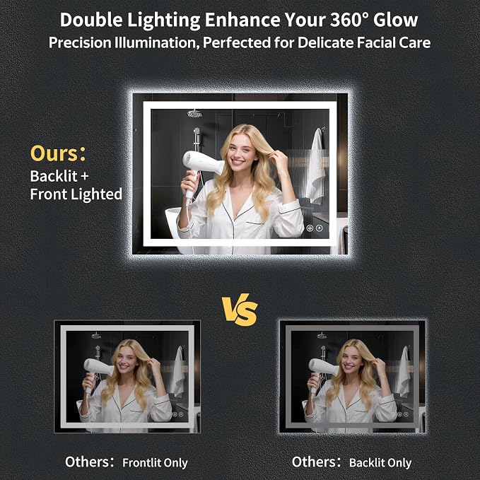28"x40" LED Bathroom Mirror with Lights, Anti-Fog, Backlit+Frontlit | CRI 95, Stepless Dimmable, 3 Colors Lighting, Shatterproof Tempered Glass, HD Reflection, Memory, (Horizontal/Vertical)