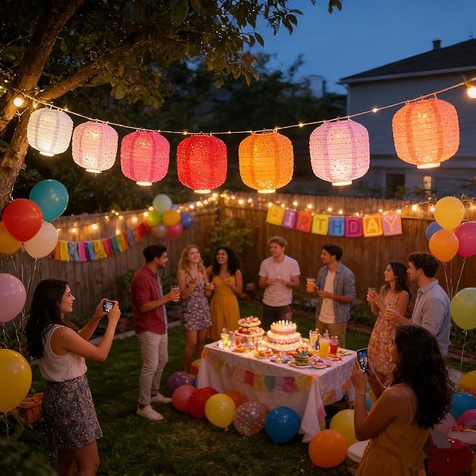 10PCS Colorful Paper Lanterns 6inches Oval Shaped with LED Lights Hollow Out Hanging with Tassels Walking Sticks for Dinner Party Outdoor Holiday and Birthday Decorations