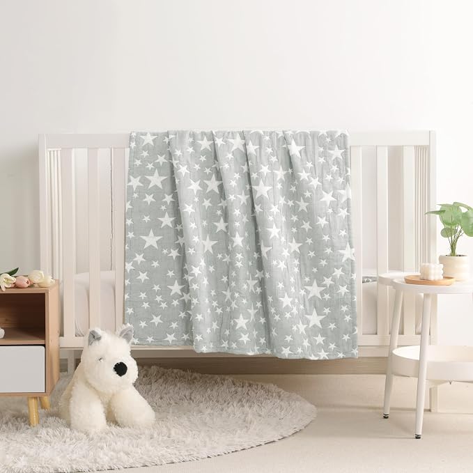 NTBAY 3 Layer Oversized Muslin Toddler Blanket, 45 x 60, Grey/White Star | Muslin Cotton Outer Layers with Light Thermal Fiber Fill, Reversible Blanket for Daycare, Travel, Naps, and Supervised Use