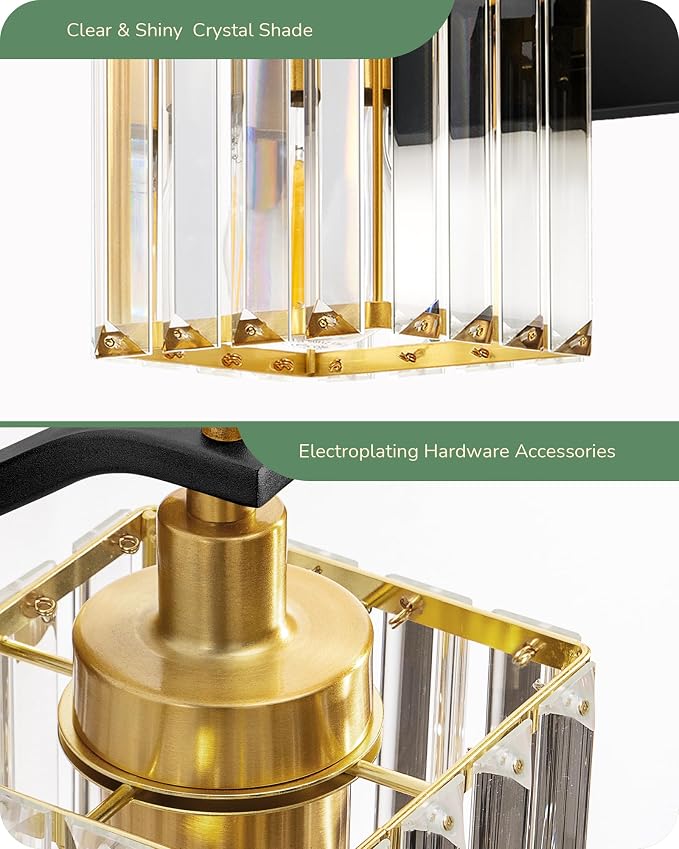 EDISHINE Black Gold Bathroom Vanity Light Fixtures with Crystal Shade, E26 | Set of Two, 1-Light, Up Down Mounting, Wall Sconces for Bathroom, Powder Room, Dressing Areas