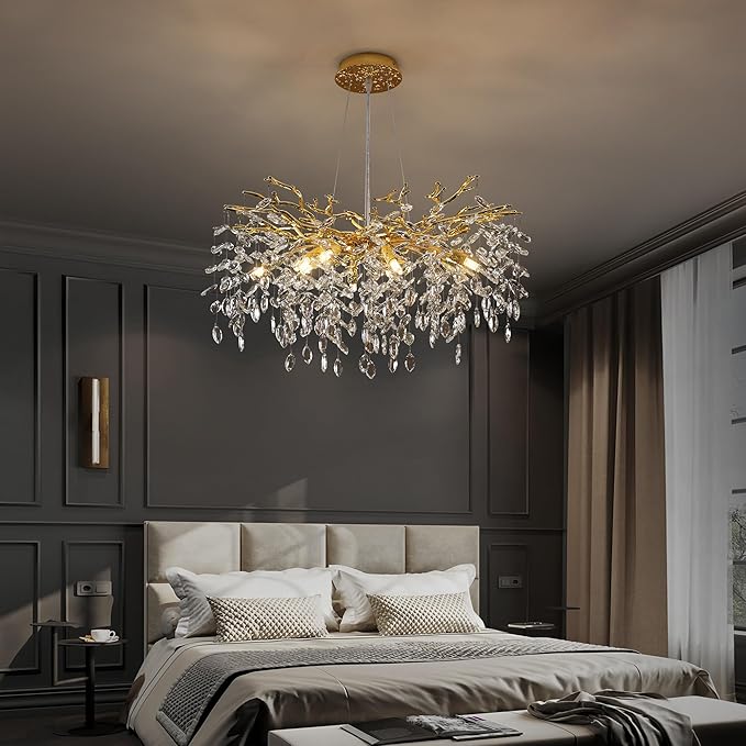 Crystal Tree Branches Chandeliers Luxury Round Gold Hanging Pendant Light 10 Lights for Dining Room Bedroom Living Room Entryway 30.5"