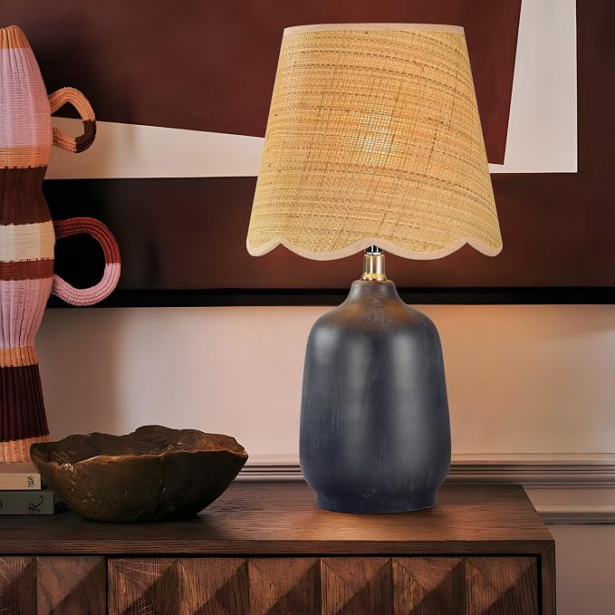 Set of 2 19" Modern Ceramic Table Lamp for Living Room Cream Base Desk Lamps for Bedroom Farmhouse Bedside Nightstand Lamp End Table Lamps,Black,Rattan Shade