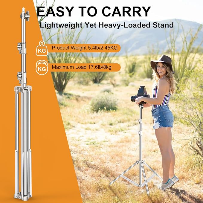 9.2 FT Stainless Steel Photography Stand, Heavy Duty Tripod With 1/4" to 3/8" Screw Adapter for Strobe, LED Video Light, Ring Light, Monolight, Softbox
