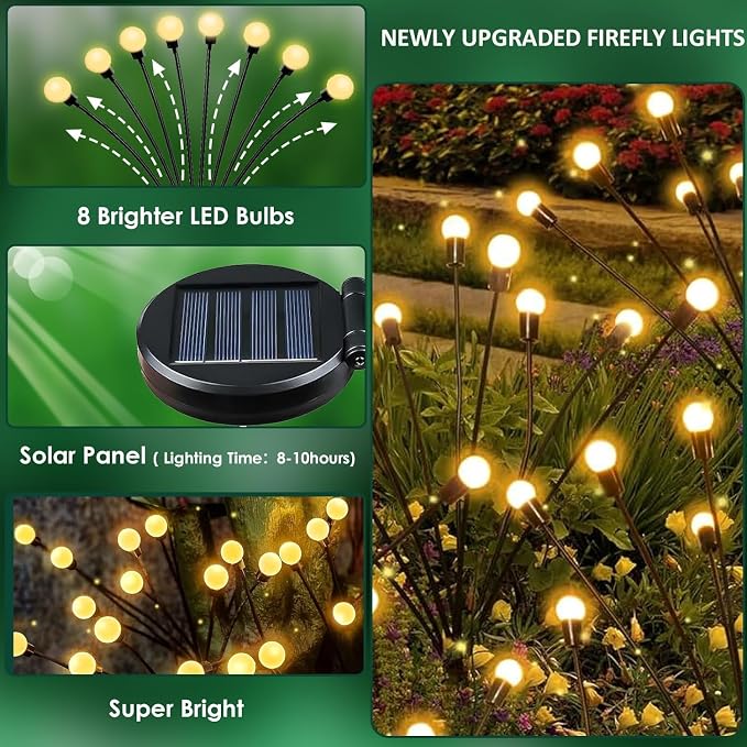 8 Pack Solar Firefly Lights Outdoor Swaying Garden Decor 64 LED Warm White | 2 Lighting Mode, Auto On/Off, Sway with Wind, Waterproof Solar lights Outdoor for Walkway Yard Terrace Holiday Decorations