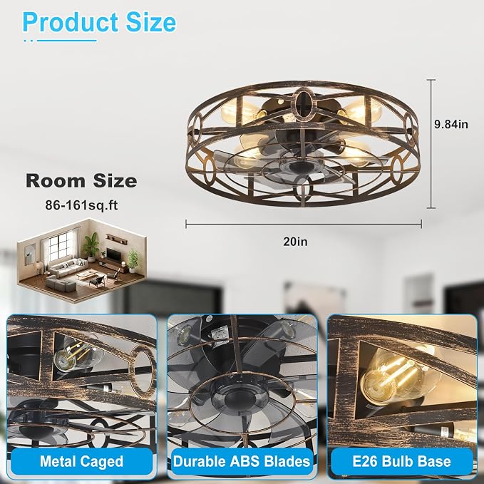 Depuley Flush Mount Ceiling Fan: 20" Caged Ceiling Fans with Remote Control for Patio Kitchen Bedroom - Low Profile Fandelier Lights Fixture Reversible 6 Speed Timer Brone 4*E26 Bulb Not Included