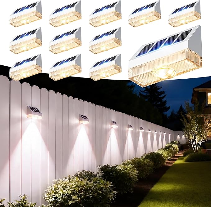 VOLISUN Solar Fence Lights 12 Pack, Vinyl Fence Lights Solar Powered with Warm White LED Spot Lens, Solar Deck Lights for Outside Wall, Deck, Patio, Yard, Rail, Garage, Pool