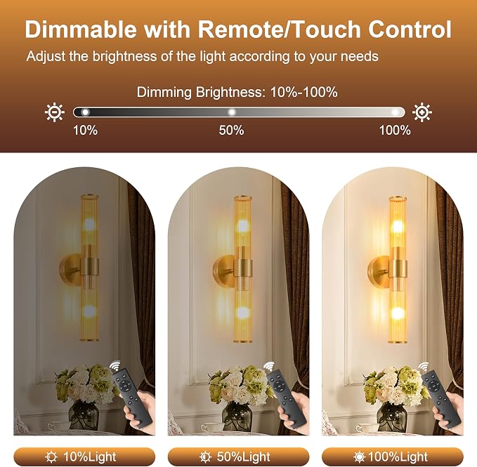 Morauroral Gold Battery Operated Wall Sconces Set of 2, Rechargeable Wall Lights with Remote Control, 20 Inch Modern Wireless Wall Lamp for Bedroom, Living Room with Amber Shade (Bulbs Included)