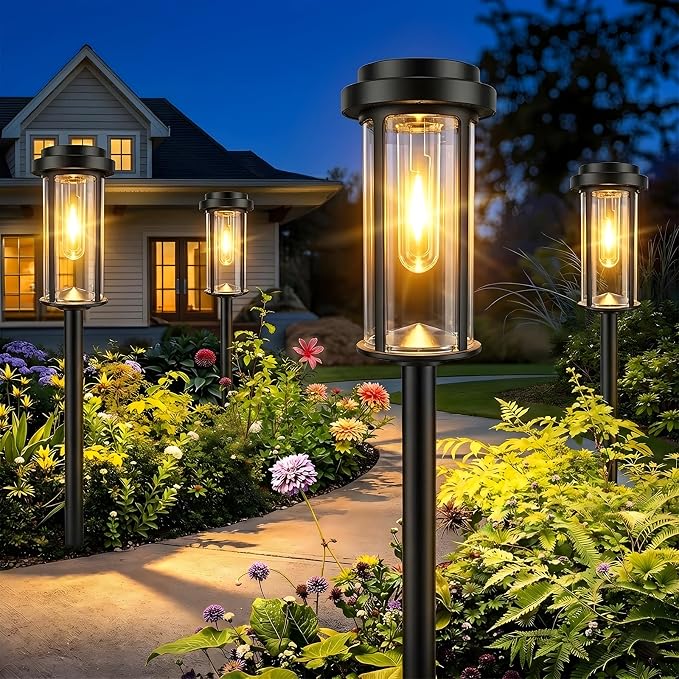 DERAYSION 12 Pack Solar Lights Outdoor, 21" Solar Pathway Lights Auto On/Off Waterproof Garden Lights for Path, Yard, Walkway, Driveway Decor, Warm White