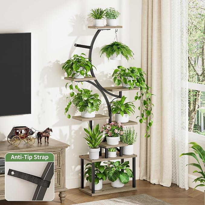 BACEKOLL Plant Stand Indoor with Grow Light, 8 Tier Corner Plant Shelf Tall | 62" Lighted Flower Holder for Plant Multiple, Space-Saving Beautiful Display Growing Rack for Home Patio, Sturdy Metal, Grey