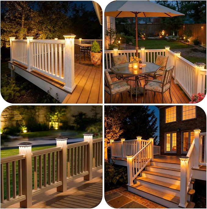 4 Pack 4x4 Solar Post Light, 3 Modes Wooden Vinyl Fence Cap, Brown | 3 color temperatures, Waterproof LED Solar Post Lights, Patio Porch Decor, Only Fit Two True Size Post: 3.5''x3.5'', 4''x4''