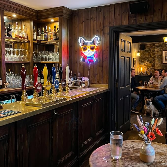 French Bulldog Neon Sign, Bull Dog Led Sign for Wall Decor, Usb Powered Adjustable Brightness Frenchie Wearing a Scarf Led Light for Bedroom Pet Rooms Bar Pub Party Decor, Unique Gift