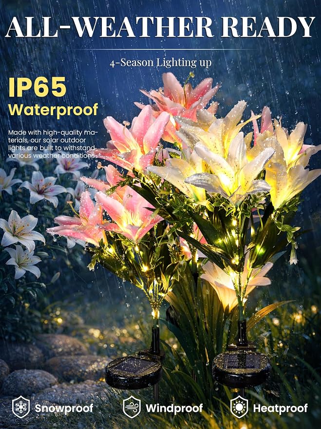 GIGALUMI Solar Garden Lights, 2 Pack LED Lily Solar Flower Lights Outdoor | Garden Decor Carefree Artificial Flowers Lily, 3 Lighting Mode, Yard Decorations Outdoor, Gardening Gifts (1White,1Pink)