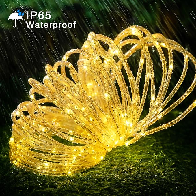 JMEXSUSS 100 LED 33ft Solar Rope Lights Outdoor Waterproof | Warm White, IP65 Waterproof, Trampoline Lights with 8 Modes, for Camping Tent Road Fence Christmas Porch Decor