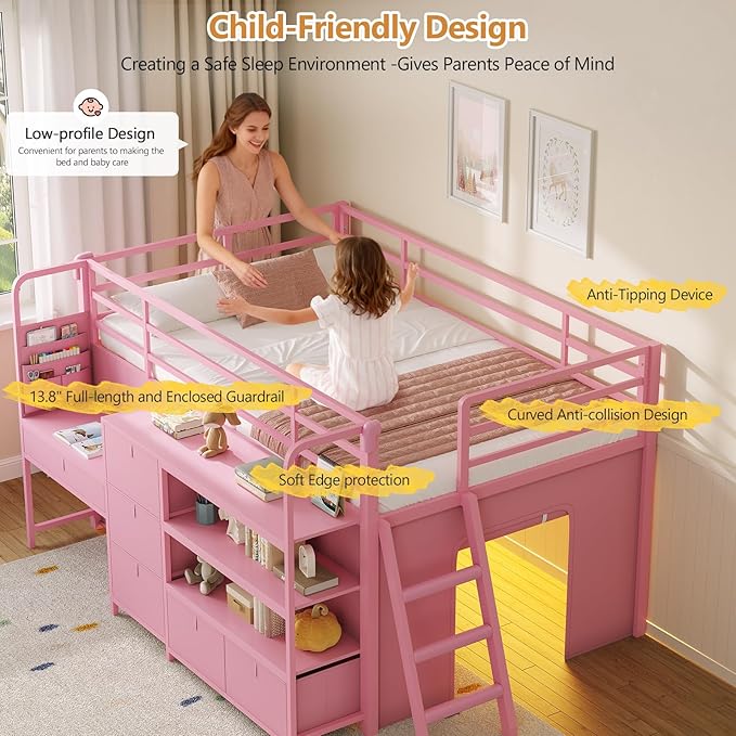 DICTAC Low Loft Bed with Desk and 6 Storage Drawers Twin Loft Bed with Bookshelf,LED Lights & Under-Bed Play Space,Twin Beds for Girls with 13.8''H Safety Guardrail,Inclined Ladder & Play Curtain,Pink