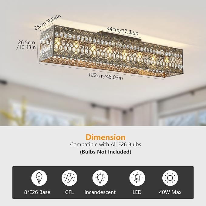 Garwarm 48 Inch Crystal Chandelier, 8-Light Rectangular Ceiling Light | Vintage Antique Copper Gold Flush Mount Dining Room Fixture for Long Tables, Kitchen Islands, Living Rooms and Large Spaces