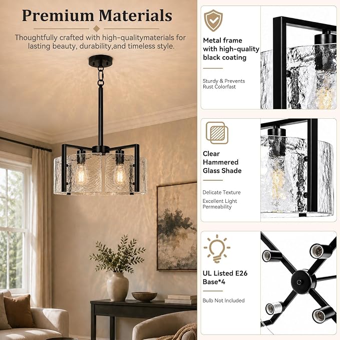 17.7 Inch Black Chandeliers for Dining Room, Adjustable Height | 4-Light Modern Farmhouse Entryway Light Fixture, Glass pendant Lights for Kitchen Island Foyer Bedroom Bathroom