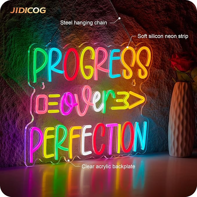 Progress Over Perfection Neon Sign, Positive Affirmation LED Light for Wall Decor Multicolored Signs for School Motivational Classroom Kids Room Home Compatible with Timer (15.7 X 12.6 in)