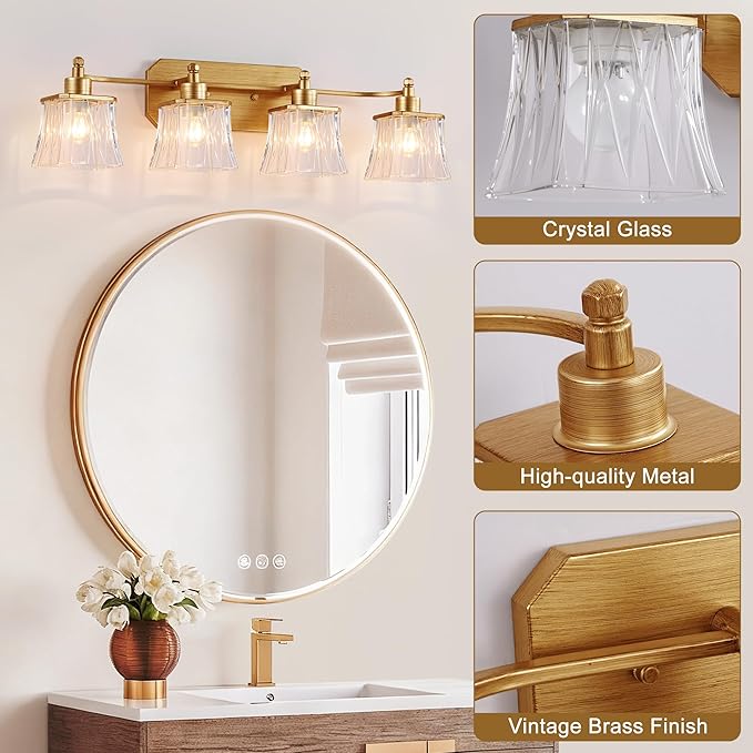 Gold Bathroom Vanity Light Fixture, 4-Light Vanity Lights for Bathroom , Matte Antique Brass Finish, With a Square Crystal Glass Shade, Vintage Bathroom Lighting Fixture over Mirror (Gold, 4 Light)