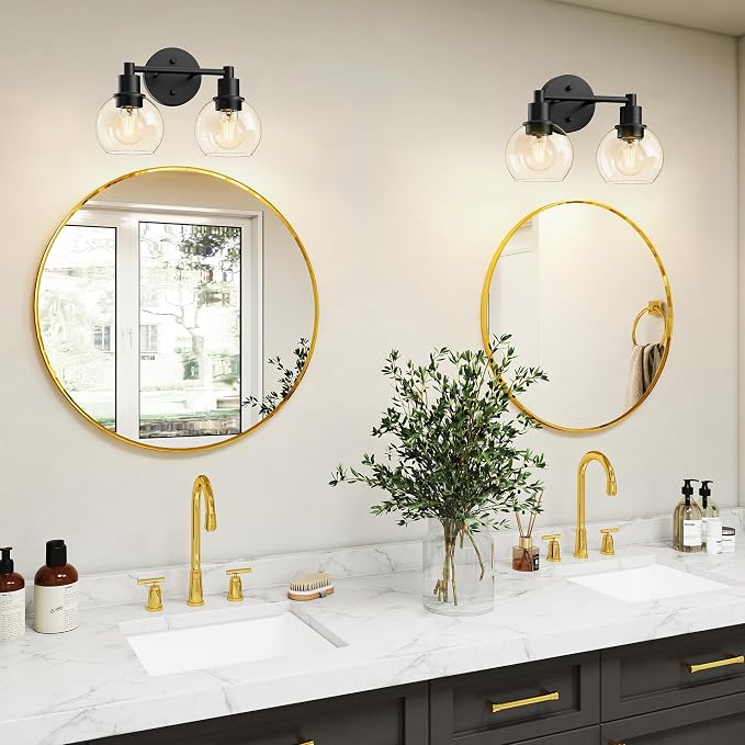 2 Light Bathroom Light Fixtures Black Vanity Lights, Farmhouse Bathroom Vanity Lights 2-Light Matte Black Globe Bathroom Vanity Lighting Fixture Over Mirror