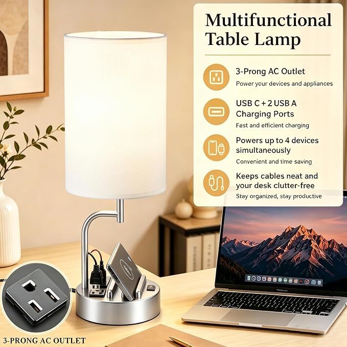 Dreamholder 2 Pack Table Lamp, Bedside Lamp with 3 USB Charging Ports & AC Outlet, USB Desk Lamp with 2 Phone Holders, Linen Fabric Shade Nightstand Lamps for Bedroom Living Room Office, Silver