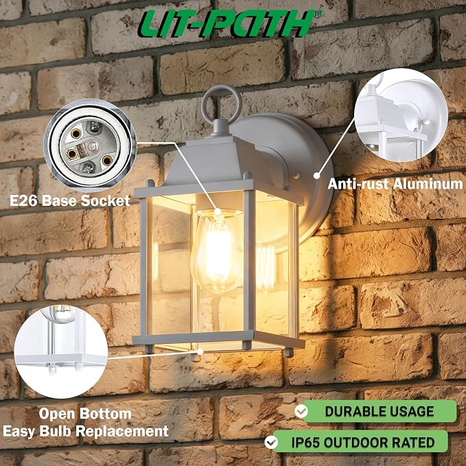 Outdoor Wall Light Fixture, Rustproof Aluminum, Clear Glass | Exterior Porch Light Wall Sconce Lantern for House, Patio, Garage, Waterproof, E26 Socket 60W Max, White, 1 Pack