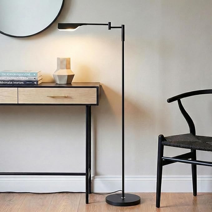 Brightech Leaf Pharmacy LED Reading Lamp, Dimmable Floor Lamp with Easy Rotation Over Chair or Desk for Living Rooms & Offices, Adjustable Standing Lamp, Tall Lamp for Sewing & Craftwork - Jet Black