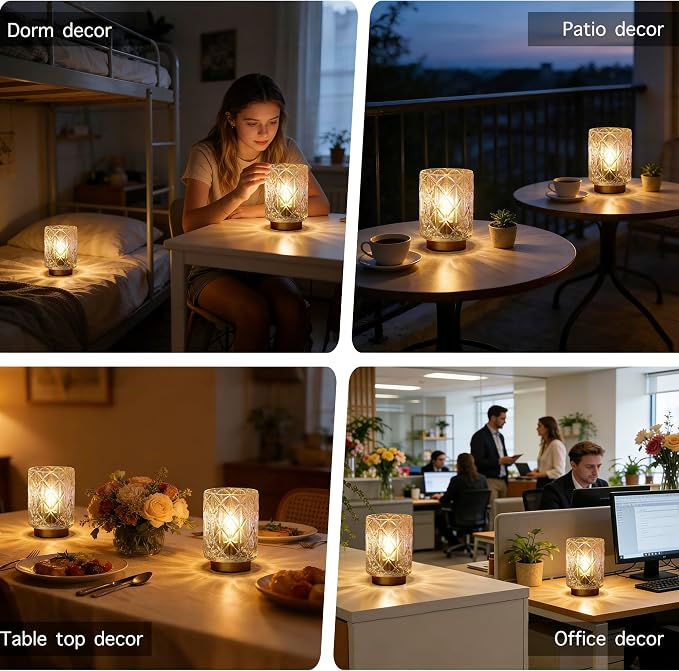 2 Pack Battery Operated Lamp,Cordless Samll Battery powered Accent Lamp with Timer for Bedside,Warm White Cozy Ambient Decorative Table Lamps for Shelf/Cubicle/Entryway/Table Decor(Iridescent Clear)