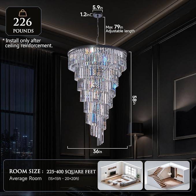 36'' Spiral Crystal Chandelier Black Modern Light Fixture, Large High Ceiling Foyer Ceiling Pendant Light, 30 E12 LED Bulbs Included, Adjustable Chain Hanging Lamp for Entryway, Hallway, Black