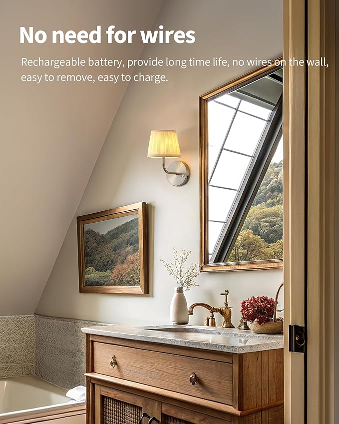 PUSU LED Cordless Nickel H9.6 inch Small Wall Sconces Set of 2, Rechargeable 5200mAh Battery Operated Wall Lamp with Remote, Lighting for Living Room, Bedroom, Hallway, Bathroom, Stairs, Kitchen