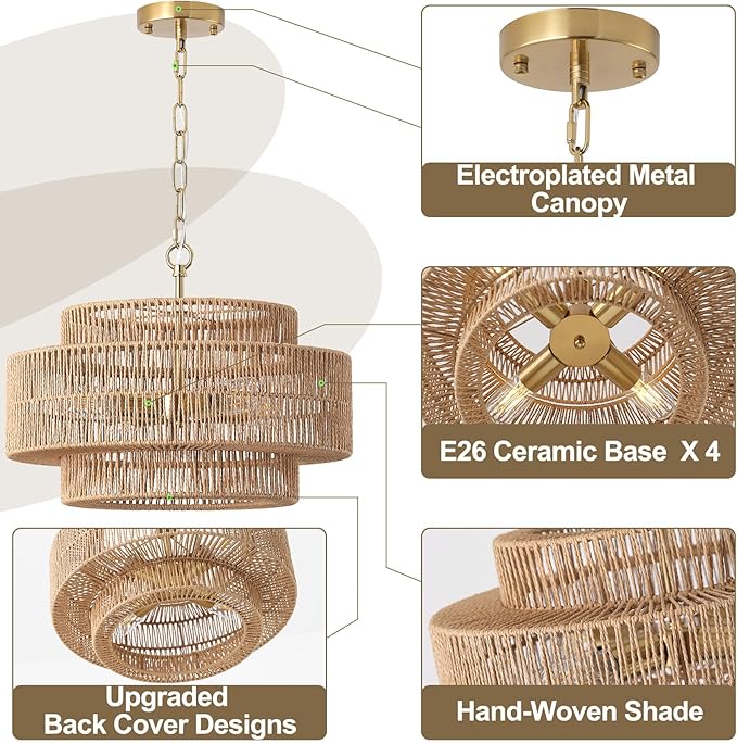 17.7"Large Boho Rattan Farmhouse Chandeliers for Dining Room,4-Light Rattan Hand-Woven Rustic Drum Chandelier Pendant Light Fixture for Kitchen Island Bedroom Living Room Entryway Foyer(Brown)