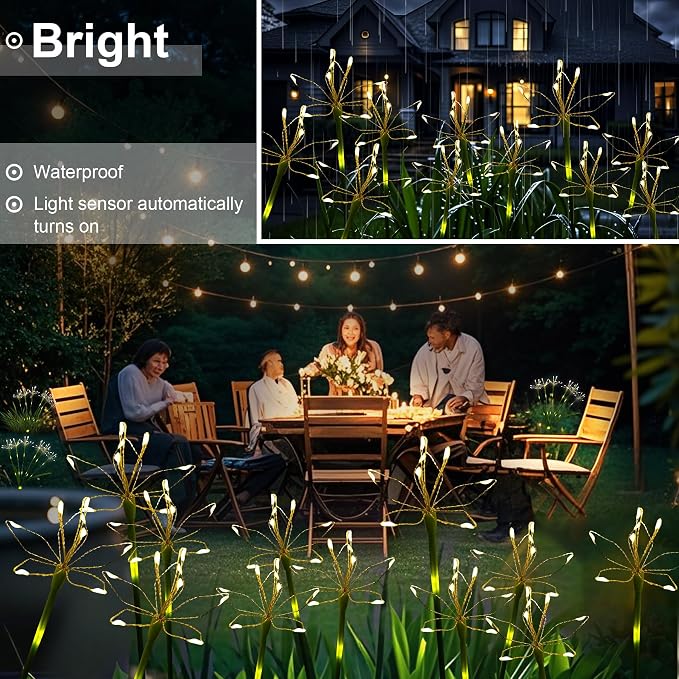Solar Firework Lights Outdoor 4 Pack Waterproof Garden Decor Warmwhite | Twinkling Fairy Solar Lights Outdoor Pathway Flowerbed Garden Yard Patio Decor, Unique Gardening Gifts for Women Mothers Day