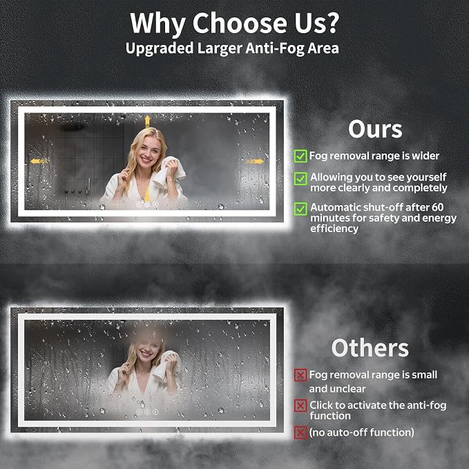 72"x32" LED Bathroom Mirror with Lights, Backlit+Frontlit, Anti-Fog | CRI 95, Stepless Dimmable, 3 Colors Lighting, Shatterproof Tempered Glass, HD Reflection, Memory, (Horizontal/Vertical)