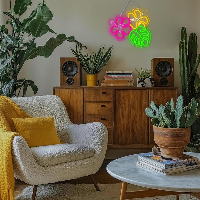 Hibiscus LED Neon Sign Tropical Monstera Light Up for Beach Wall Decoration | 13.38IN*12.59IN,Five level brightness adjustment,USB power,For Bar,Club,Pub,Living room,Bedroom,Restaurant,Beach Bungalow