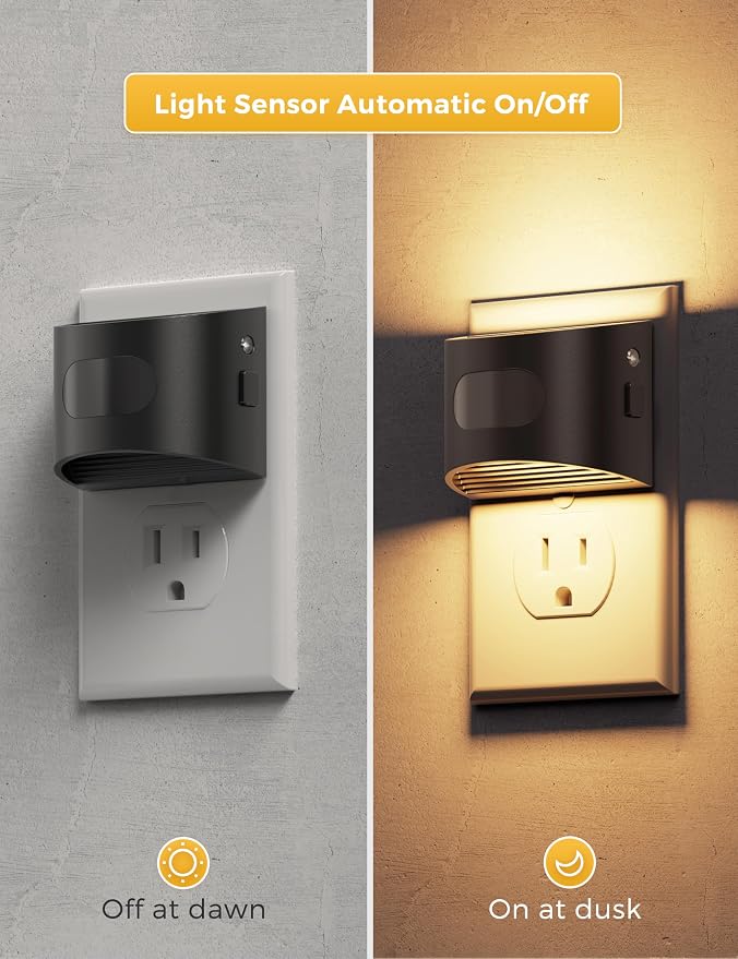 L LOHAS LED Motion Sensor Night Light, Night Lights Plug into Wall, 4 Pack | Nightlight with Dusk to Dawn & Motion Detection Sensor, 30-100Lm Adjustable Brightness, 3000K Warm White, Black Housing