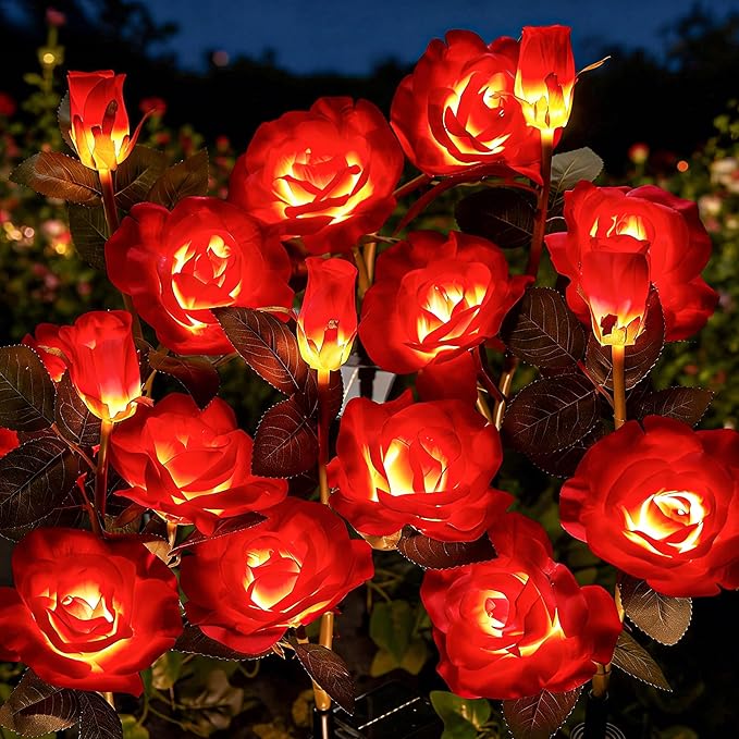 Brightown Solar Garden Lights, 4 Pack LED Rose Flower Lights Waterproof | Larger & Realistic Red Rose, Bigger Solar Panel, Waterproof Solar Lights Outdoor for Yard Garden Lawn Pathway Decorations
