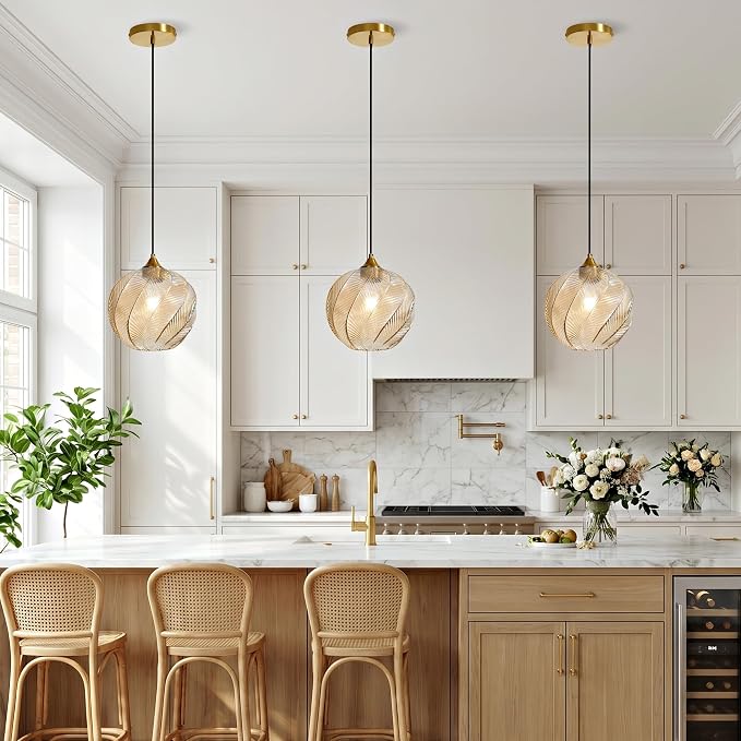 Amber Glass Pendant Lights Kitchen Island Gold Hanging Ceiling Light 9.84" | 1 Pack, Adjustable height, Dimmable, E26 bulbs, Rust-resistant Damp Rated For Bathrooms, 5-Year Warranty, UL Certification